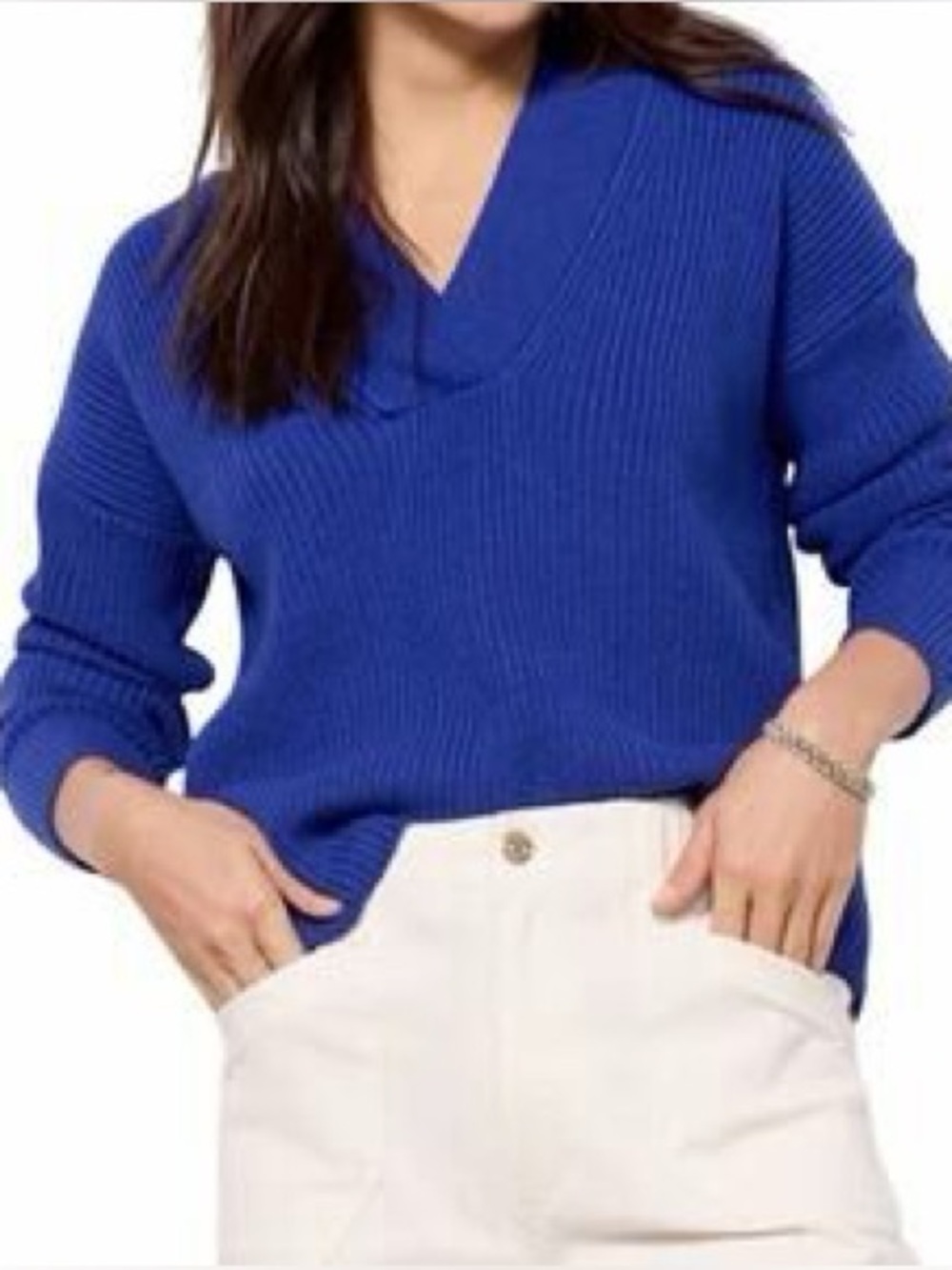 Evereve Cobalt Blue V-Neck Chunky Knit Sweater Small